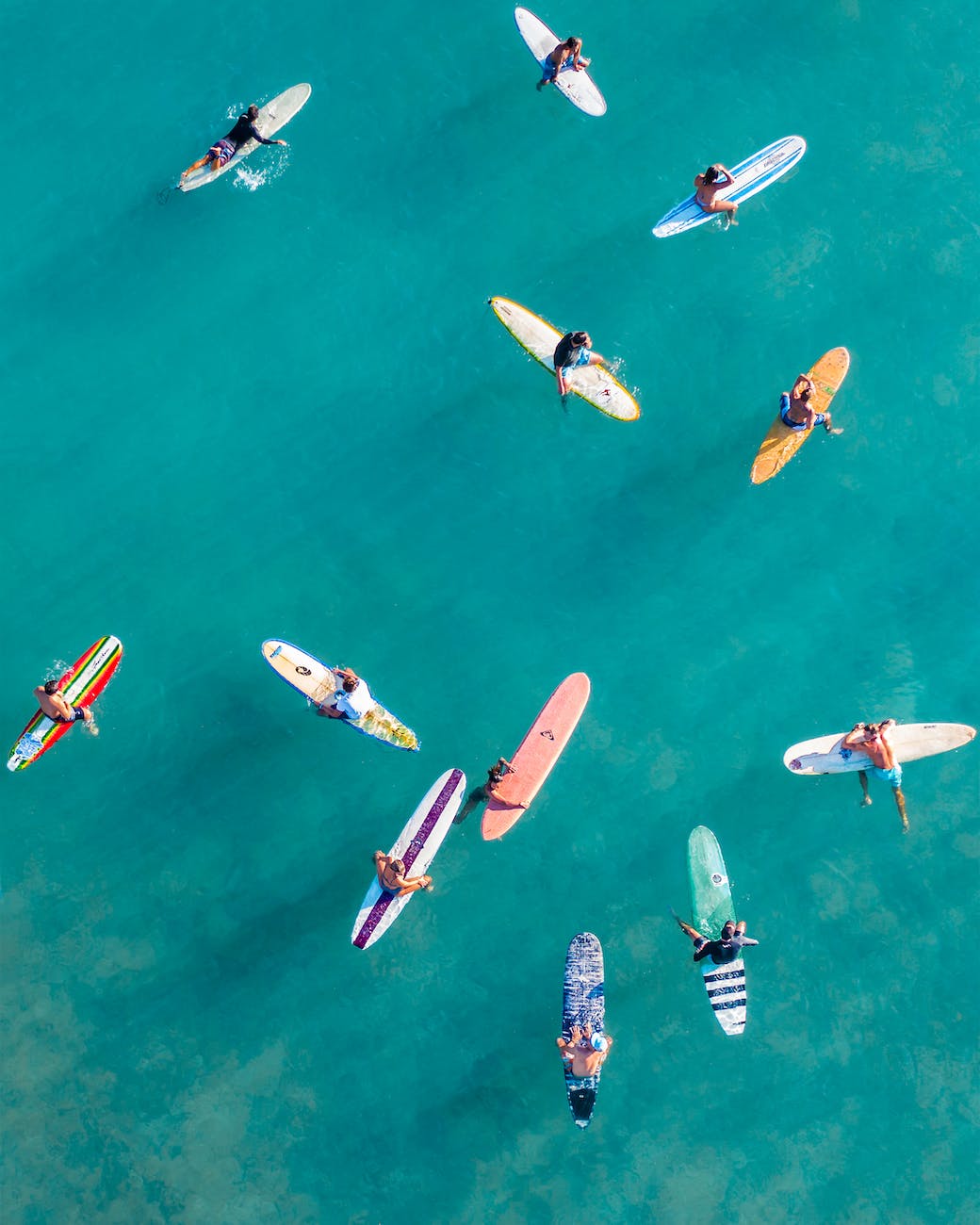 aerial view of people sitting on the surfboards